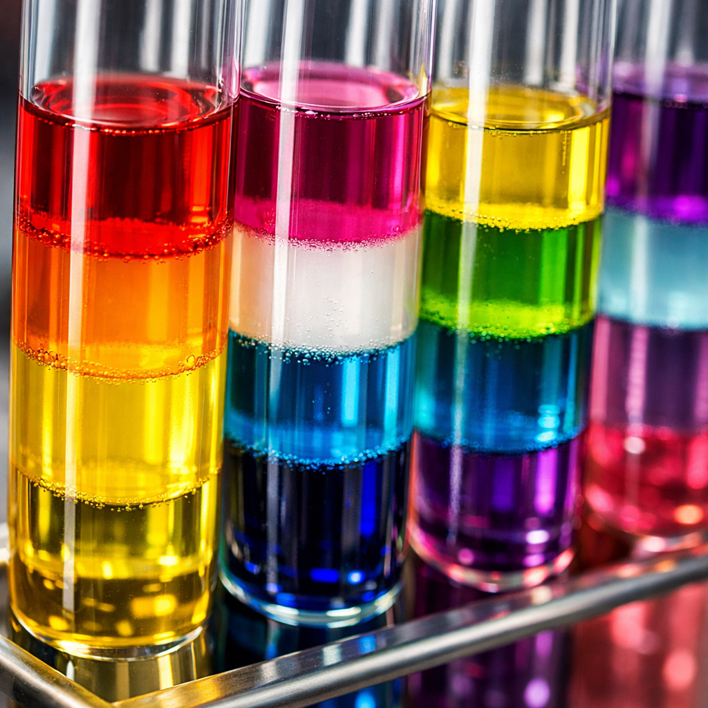 Four test tubes with distinct layers of colorful liquids in red, pink, yellow, green, blue, and purple hues