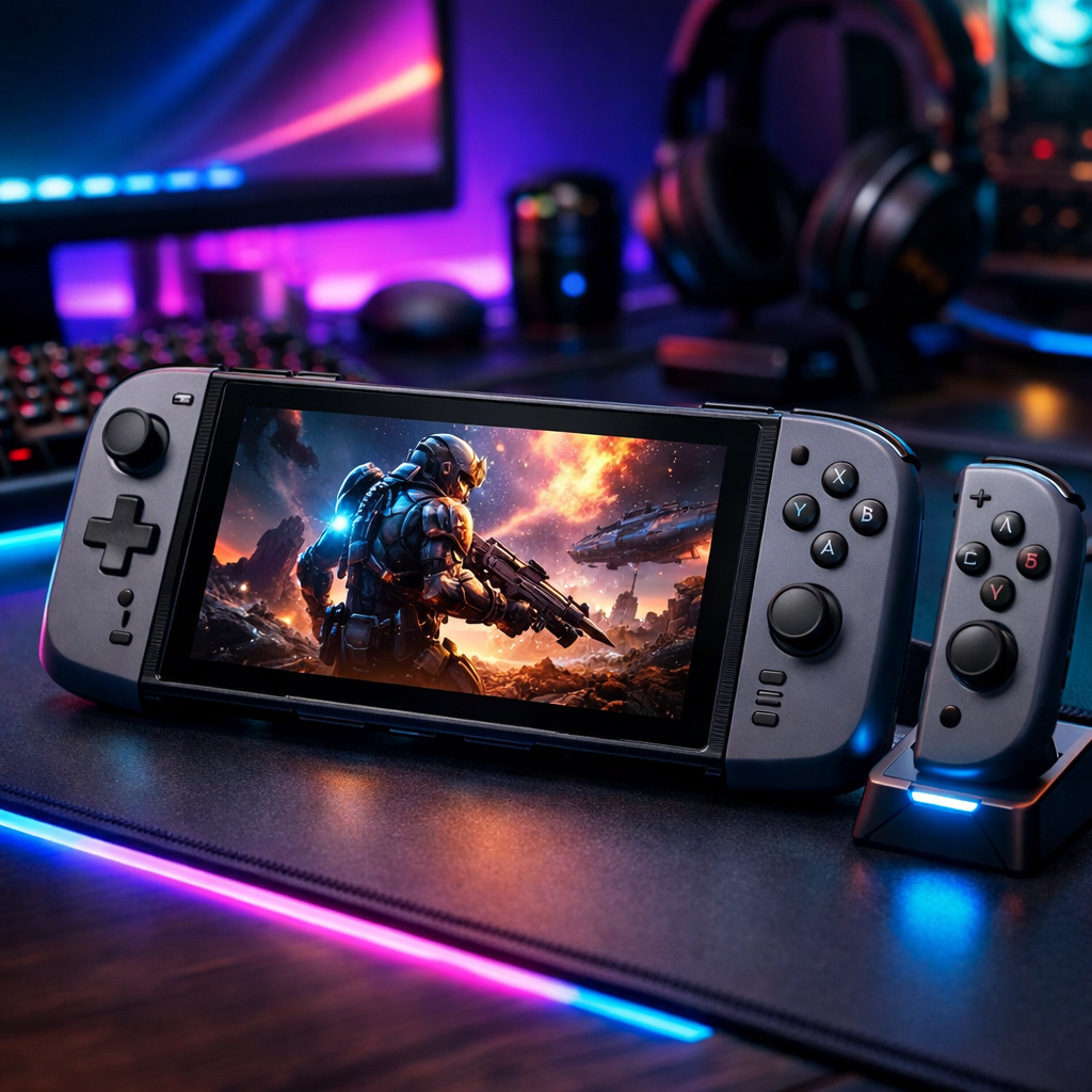 Handheld gaming console showing a soldier in futuristic armor with a spaceship and fiery landscape